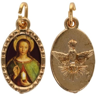 Médaille métal de couleur dorée ovale avec rebord effet dentelle H.1.5 cm avec résine. Disponible avec différents Saints.