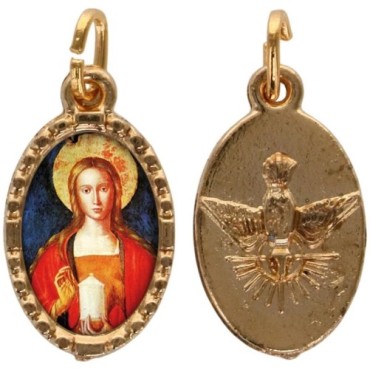 Médaille métal de couleur dorée ovale avec rebord effet dentelle H.1.5 cm avec résine. Disponible avec différents Saints.