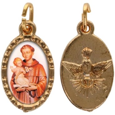 Médaille métal de couleur dorée ovale avec rebord effet dentelle H.1.5 cm avec résine. Disponible avec différents Saints.