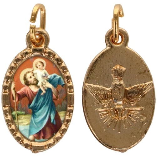 Médaille métal de couleur dorée ovale avec rebord effet dentelle H.1.5 cm avec résine. Disponible avec différents Saints.
