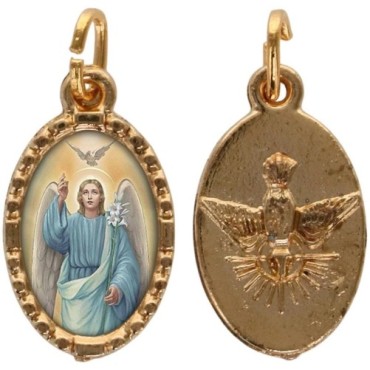 Médaille métal de couleur dorée ovale avec rebord effet dentelle H.1.5 cm avec résine. Disponible avec différents Saints.