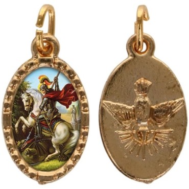 Médaille métal de couleur dorée ovale avec rebord effet dentelle H.1.5 cm avec résine. Disponible avec différents Saints.