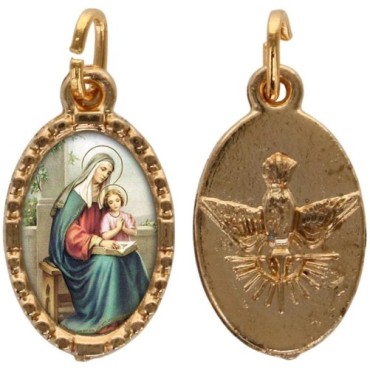 Médaille métal de couleur dorée ovale avec rebord effet dentelle H.1.5 cm avec résine. Disponible avec différents Saints.