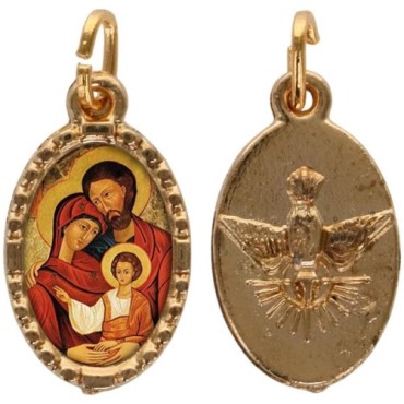 Médaille métal de couleur dorée ovale avec rebord effet dentelle H.1.5 cm avec résine. Disponible avec différents Saints.
