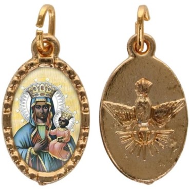 Médaille métal de couleur dorée ovale avec rebord effet dentelle H.1.5 cm avec résine. Disponible avec différents Saints.