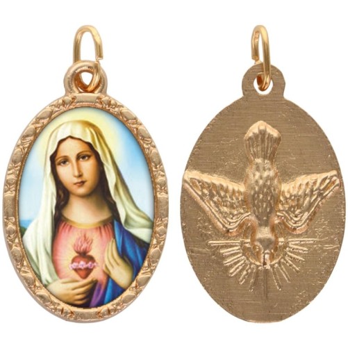 Médaille métal de couleur dorée ovale avec rebord effet dentelle H.2.5 cm avec résine. Disponible avec différents saints.