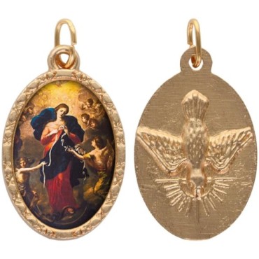 Médaille métal de couleur dorée ovale avec rebord effet dentelle H.2.5 cm avec résine. Disponible avec différents saints.