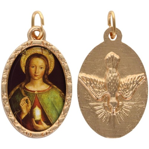 Médaille métal de couleur dorée ovale avec rebord effet dentelle H.2.5 cm avec résine. Disponible avec différents saints.