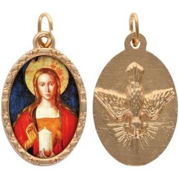 Médaille métal de couleur dorée ovale avec rebord effet dentelle H.2.5 cm avec résine. Disponible avec différents saints.