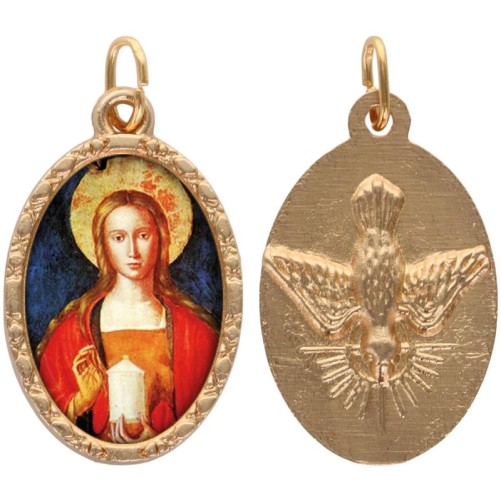 Médaille métal de couleur dorée ovale avec rebord effet dentelle H.2.5 cm avec résine. Disponible avec différents saints.