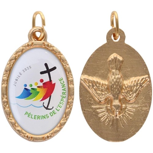 Médaille métal de couleur dorée ovale avec rebord effet dentelle H.2.5 cm avec résine. Disponible avec différents saints.