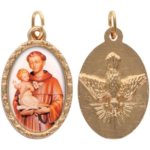 Médaille métal de couleur dorée ovale avec rebord effet dentelle H.2.5 cm avec résine. Disponible avec différents saints.