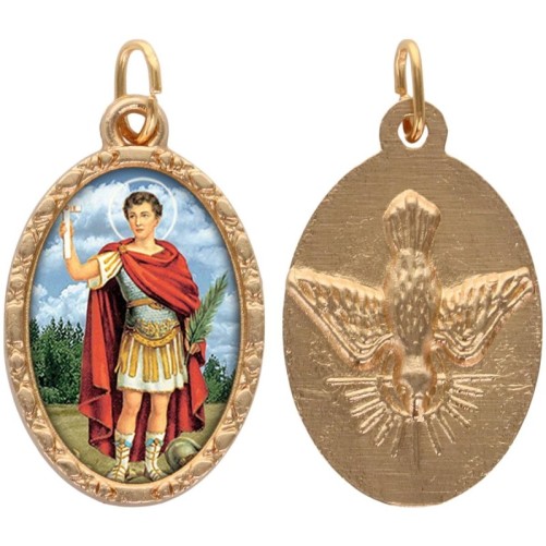 Médaille métal de couleur dorée ovale avec rebord effet dentelle H.2.5 cm avec résine. Disponible avec différents saints.
