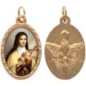 Médaille métal de couleur dorée ovale avec rebord effet dentelle H.2.5 cm avec résine. Disponible avec différents saints.