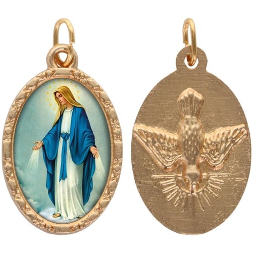 Médaille métal de couleur dorée ovale avec rebord effet dentelle H.2.5 cm avec résine. Disponible avec différents saints.