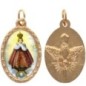 Médaille métal de couleur dorée ovale avec rebord effet dentelle H.2.5 cm avec résine. Disponible avec différents saints.