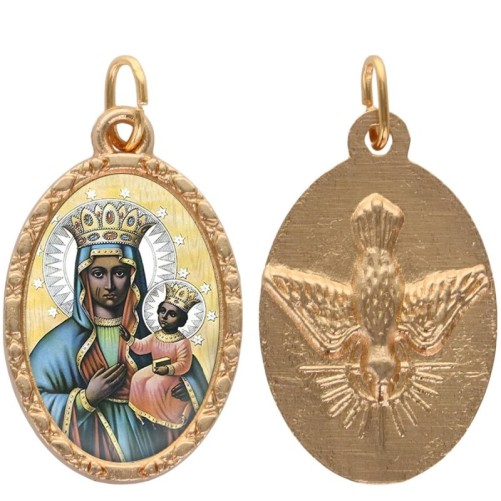 Médaille métal de couleur dorée ovale avec rebord effet dentelle H.2.5 cm avec résine. Disponible avec différents saints.