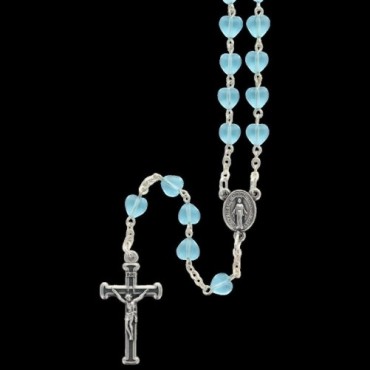 Chapelet grains en verre forme coeur Ø 6 mm sur chaine, croix avec Christ. Differentes couleur