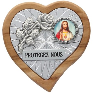 Plaque auto en bois d’olivier forme coeur avec rose- H 4 x 4 cm- Différents Saints-