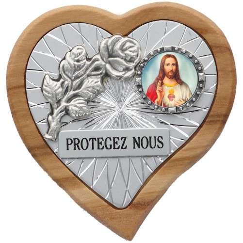 Plaque auto en bois d’olivier forme coeur avec rose- H 4 x 4 cm- Différents Saints-