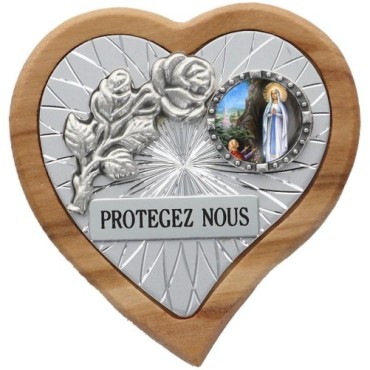Plaque auto en bois d'olivier forme coeur avec rose- H 4 x 4 cm- Différents Saints-.
