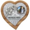 Plaque auto en bois d'olivier forme coeur avec rose- H 4 x 4 cm- Différents Saints-.