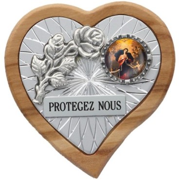 Plaque auto en bois d'olivier forme coeur avec rose- H 4 x 4 cm- Différents Saints-.