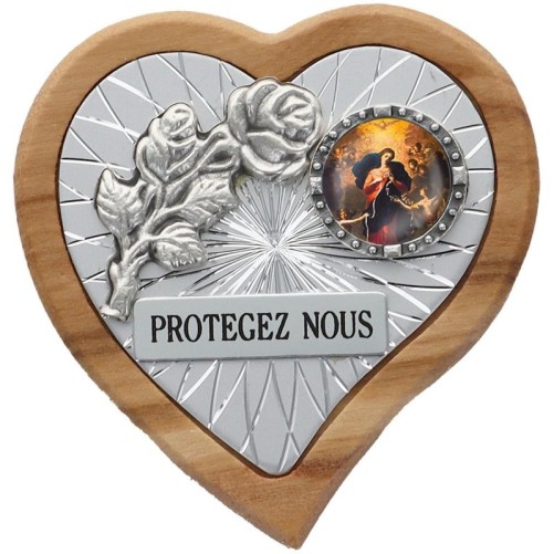 Plaque auto en bois d’olivier forme coeur avec rose- H 4 x 4 cm- Différents Saints-