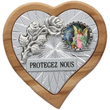 Plaque auto en bois d'olivier forme coeur avec rose- H 4 x 4 cm- Différents Saints-.