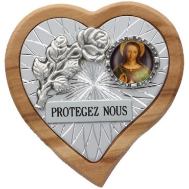 Plaque auto en bois d'olivier forme coeur avec rose- H 4 x 4 cm- Différents Saints-.