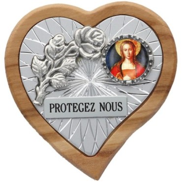 Plaque auto en bois d'olivier forme coeur avec rose- H 4 x 4 cm- Différents Saints-.
