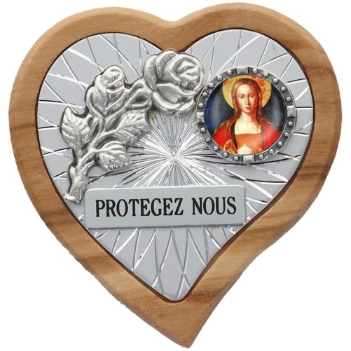 Plaque auto en bois d’olivier forme coeur avec rose- H 4 x 4 cm- Différents Saints-