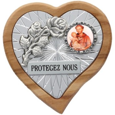 Plaque auto en bois d'olivier forme coeur avec rose- H 4 x 4 cm- Différents Saints-.