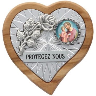 Plaque auto en bois d'olivier forme coeur avec rose- H 4 x 4 cm- Différents Saints-.