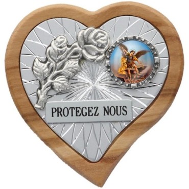 Plaque auto en bois d'olivier forme coeur avec rose- H 4 x 4 cm- Différents Saints-.