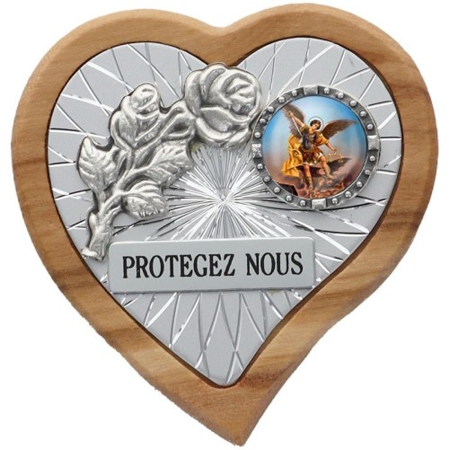 Plaque auto en bois d’olivier forme coeur avec rose- H 4 x 4 cm- Différents Saints-