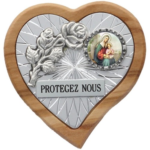 Plaque auto en bois d’olivier forme coeur avec rose- H 4 x 4 cm- Différents Saints-