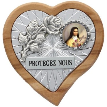Plaque auto en bois d'olivier forme coeur avec rose- H 4 x 4 cm- Différents Saints-.