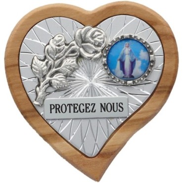 Plaque auto en bois d'olivier forme coeur avec rose- H 4 x 4 cm- Différents Saints-.