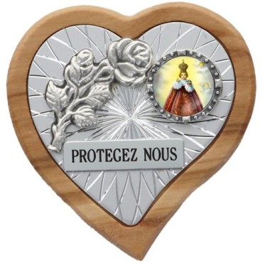 Plaque auto en bois d'olivier forme coeur avec rose- H 4 x 4 cm- Différents Saints-.