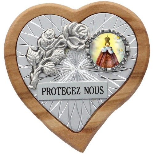 Plaque auto en bois d’olivier forme coeur avec rose- H 4 x 4 cm- Différents Saints-