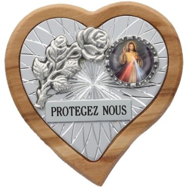 Plaque auto en bois d'olivier forme coeur avec rose- H 4 x 4 cm- Différents Saints-.