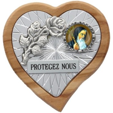 Plaque auto en bois d'olivier forme coeur avec rose- H 4 x 4 cm- Différents Saints-.