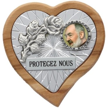 Plaque auto en bois d'olivier forme coeur avec rose- H 4 x 4 cm- Différents Saints-.