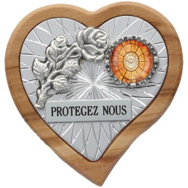Plaque auto en bois d'olivier forme coeur avec rose- H 4 x 4 cm- Différents Saints-.