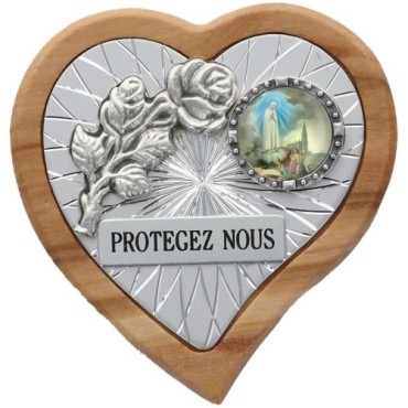Plaque auto en bois d'olivier forme coeur avec rose- H 4 x 4 cm- Différents Saints-.