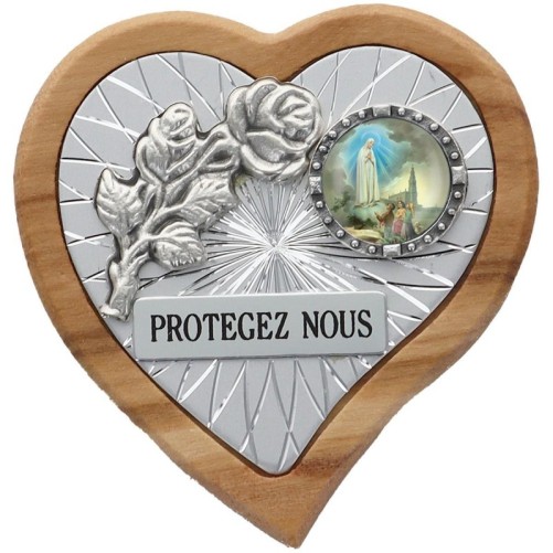 Plaque auto en bois d’olivier forme coeur avec rose- H 4 x 4 cm- Différents Saints-