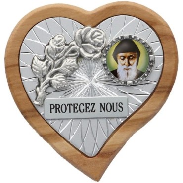 Plaque auto en bois d'olivier forme coeur avec rose- H 4 x 4 cm- Différents Saints-.