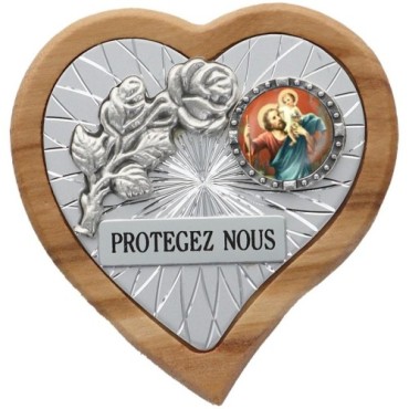 Plaque auto en bois d'olivier forme coeur avec rose- H 4 x 4 cm- Différents Saints-.