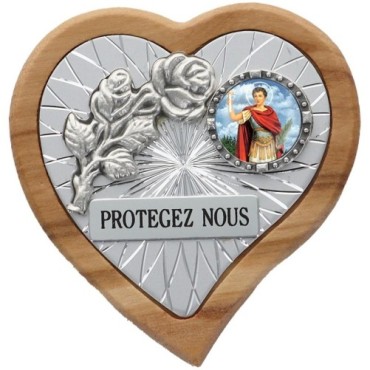 Plaque auto en bois d'olivier forme coeur avec rose- H 4 x 4 cm- Différents Saints-.